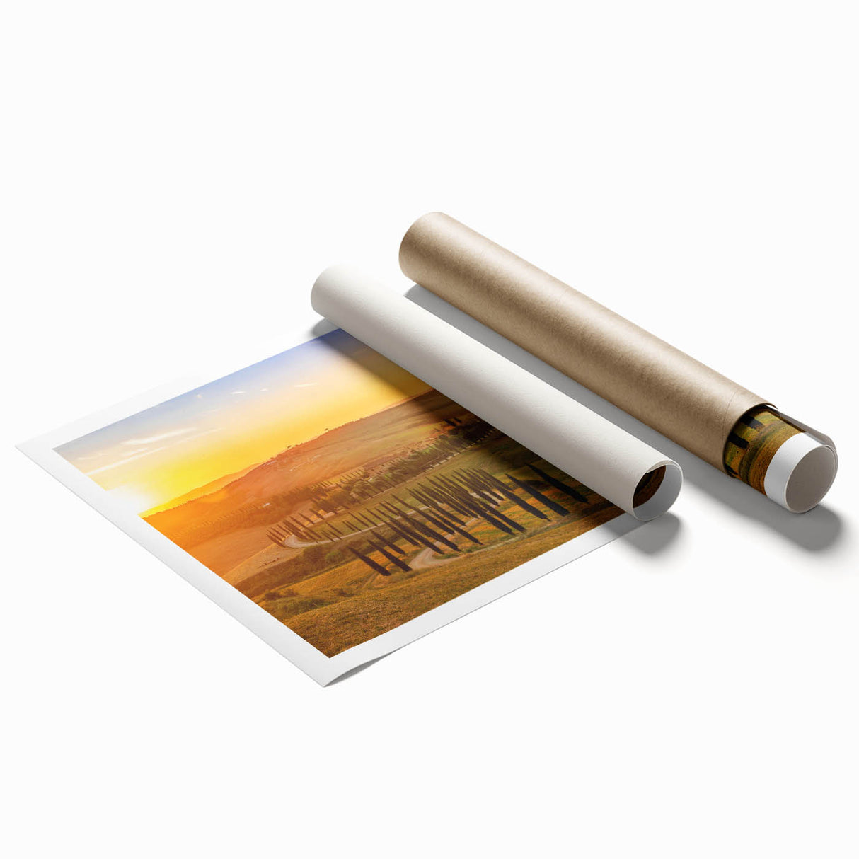 Extra large rolled print of Tuscany landscape with vibrant green fields and muted sky, ideal for classy bathroom wall art.
