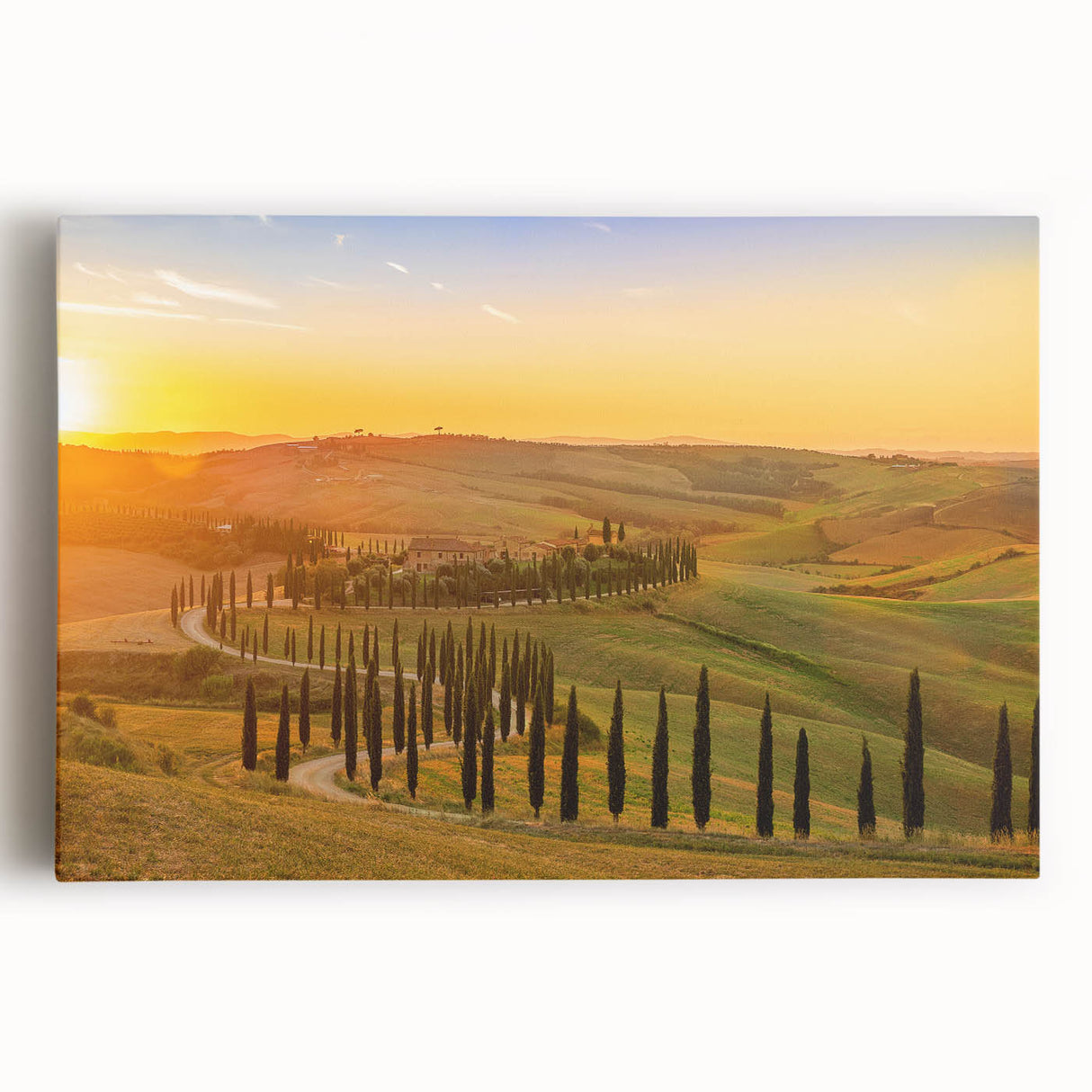 Tuscan landscape in black and white on stretched canvas, ideal for kitchen wall art or bedroom ambiance.