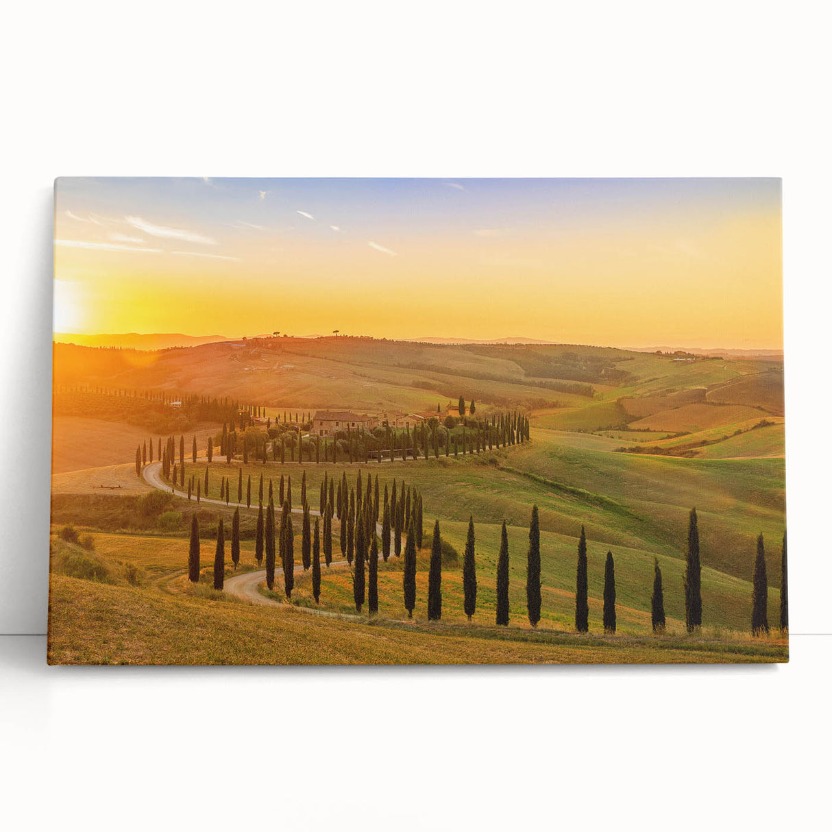 Black and white stretched canvas of Tuscany landscape, great for kitchen wall art.