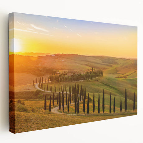 Large canvas art depicting a serene Tuscan landscape, featuring rolling hills and a vibrant sunset palette.