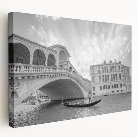 Venice canal scene with gondolas on stretched canvas, featuring muted blue and ochre tones, ideal for kitchen wall art.