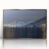 Large art print of a European cityscape in Latvia, featuring muted colors and mid-century modernist style.