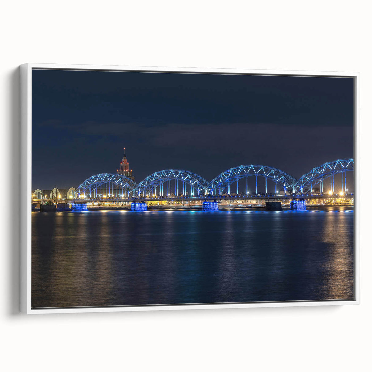 Vintage poster art of a scenic Latvia landscape, in colorful hues on a white framed canvas, ideal for living room decor.
