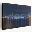 Panoramic view of a European cityscape in muted gray and blue tones on a large stretched canvas, ideal for kitchen wall art.