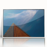 Mid-century modernist art depicting a serene Lithuanian landscape, in muted earth tones on a framed acrylic print.