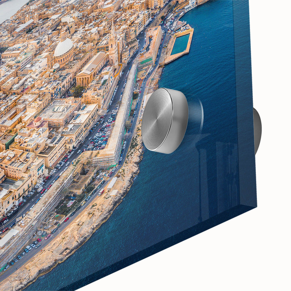 Large abstract wall art of a European Malta scenery in muted tones on acrylic glass, ideal for dining room ambiance.