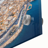 Large abstract wall art of a European Malta scenery in muted tones on acrylic glass, ideal for dining room ambiance.
