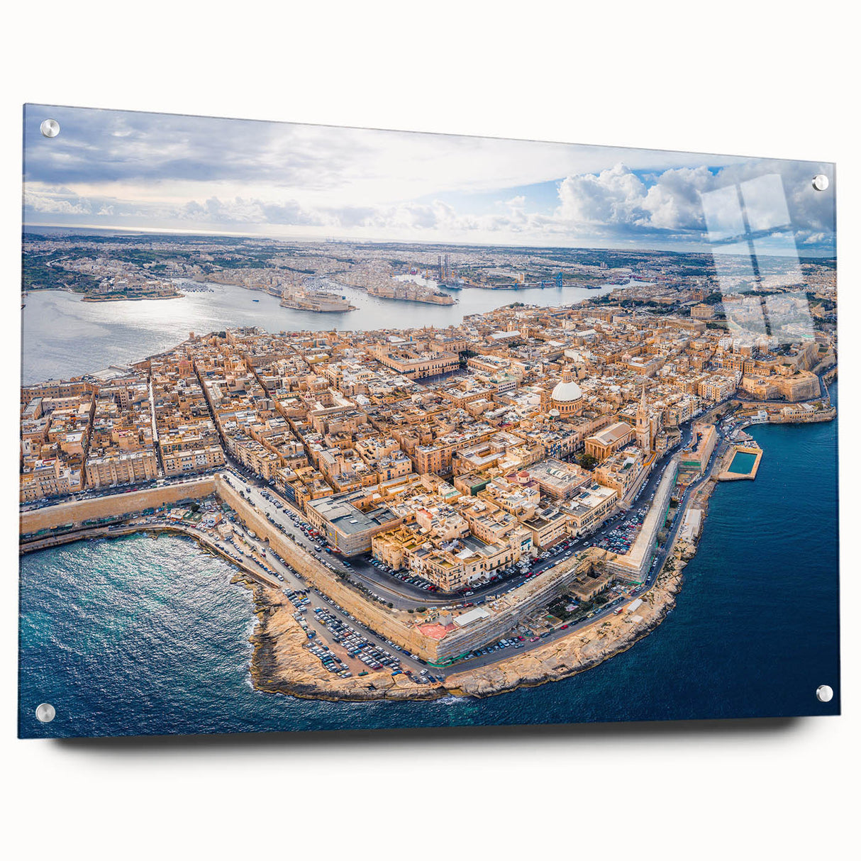 Acrylic print of a European Malta scenery in muted earth tones, suitable for dining room or bedroom decor.