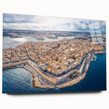Large abstract wall art of a European Malta scenery in muted blue and white tones on acrylic glass.