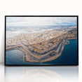 Large abstract wall art depicting a vibrant Malta scenery in mid-century modernist style, framed in black acrylic.