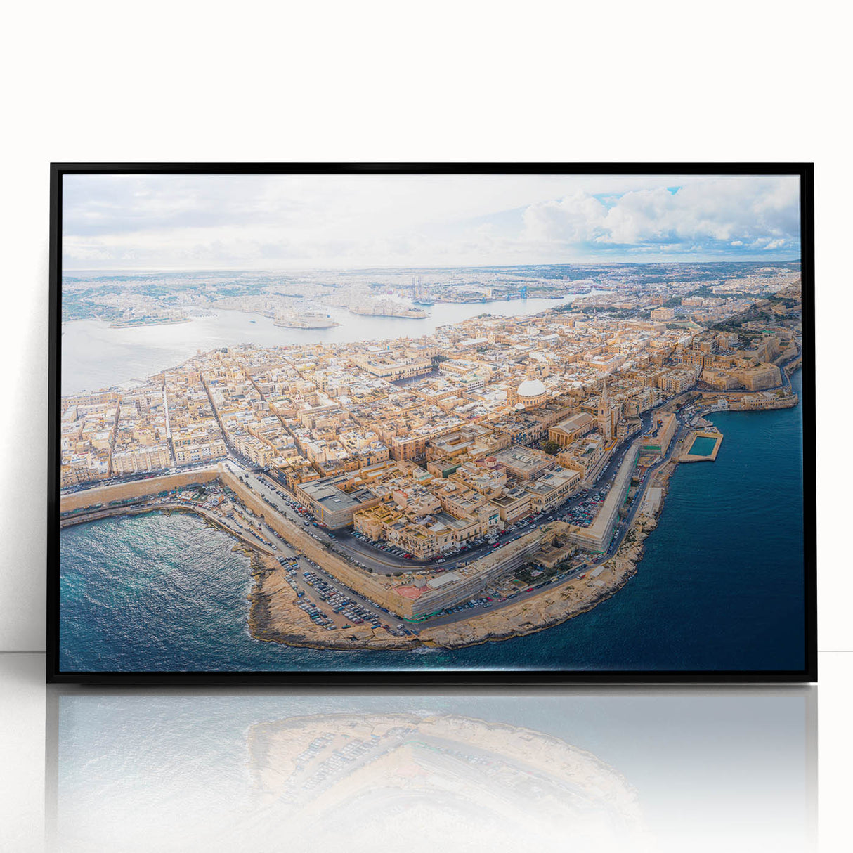 Large abstract wall art depicting a vibrant Malta scenery in mid-century modernist style, framed in black acrylic.