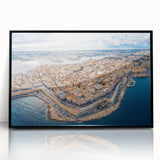 Large abstract wall art depicting a vibrant Malta scenery in mid-century modernist style, framed in black acrylic.
