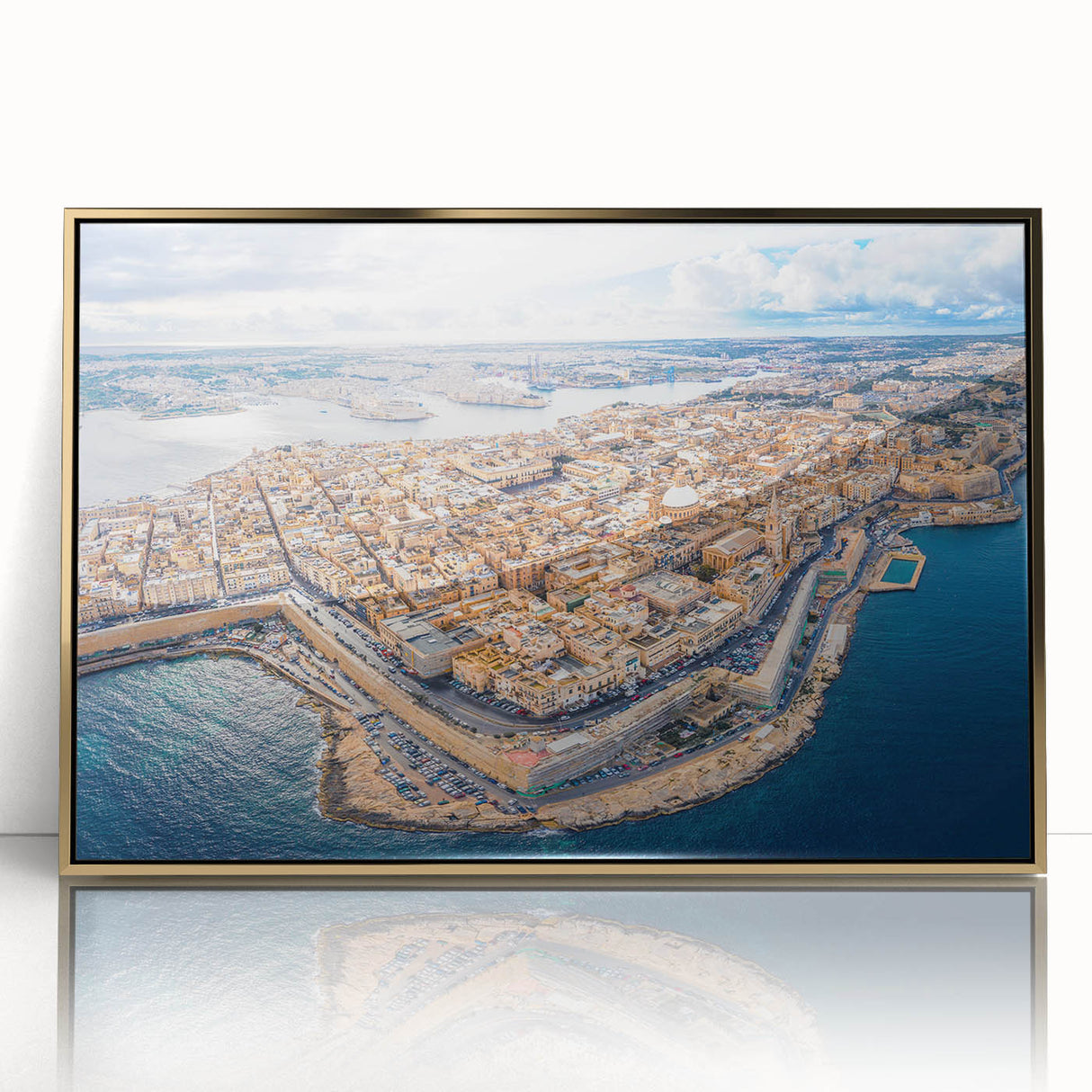 Art Deco-style poster of Malta scenery in gold frame, ideal for modern nursery wall art.