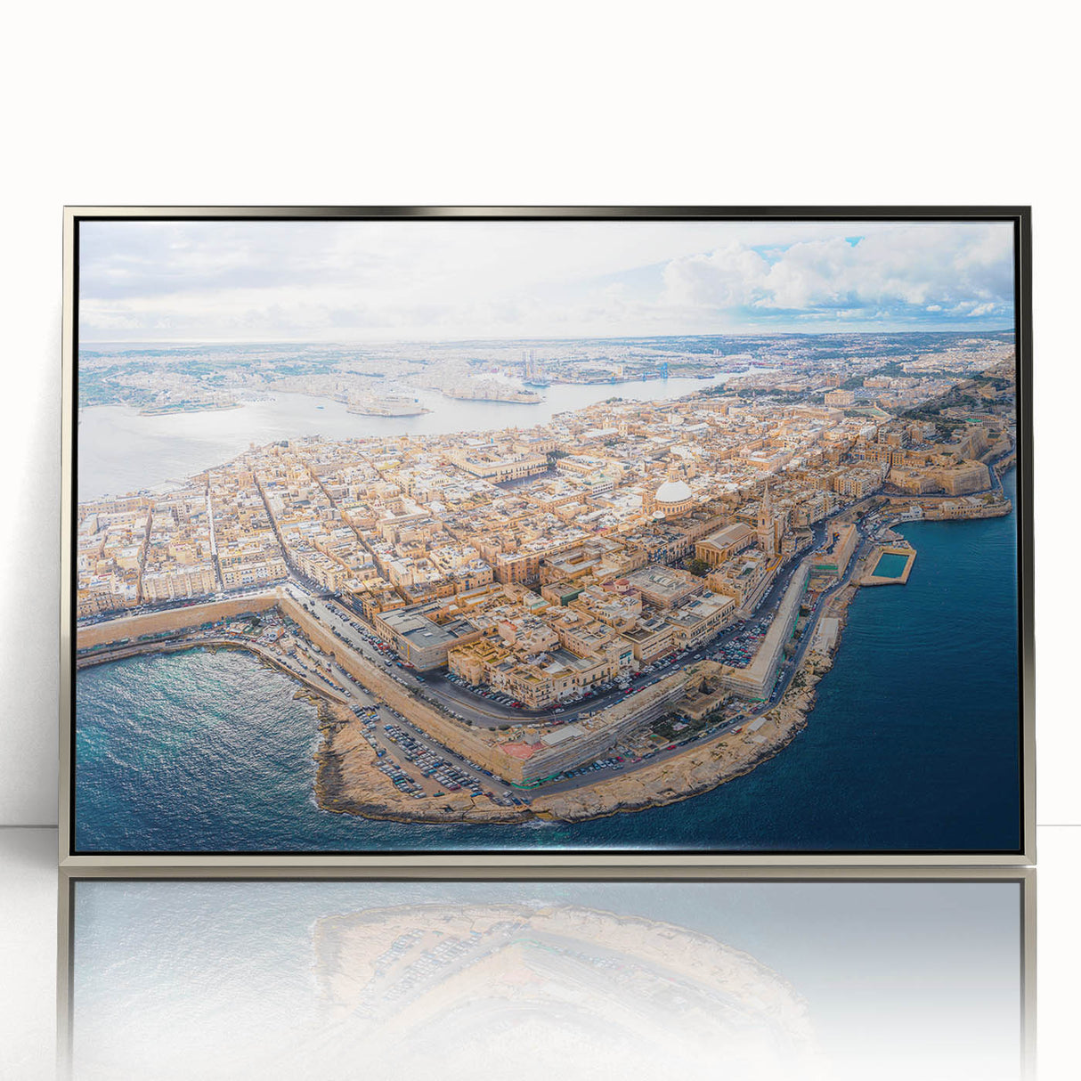 Mid-century modernist art of a European Malta scenery in silver framed acrylic, fitting for modern art wall decor.