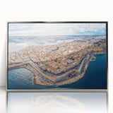 Mid-century modernist art of a European Malta scenery in silver framed acrylic, fitting for modern art wall decor.