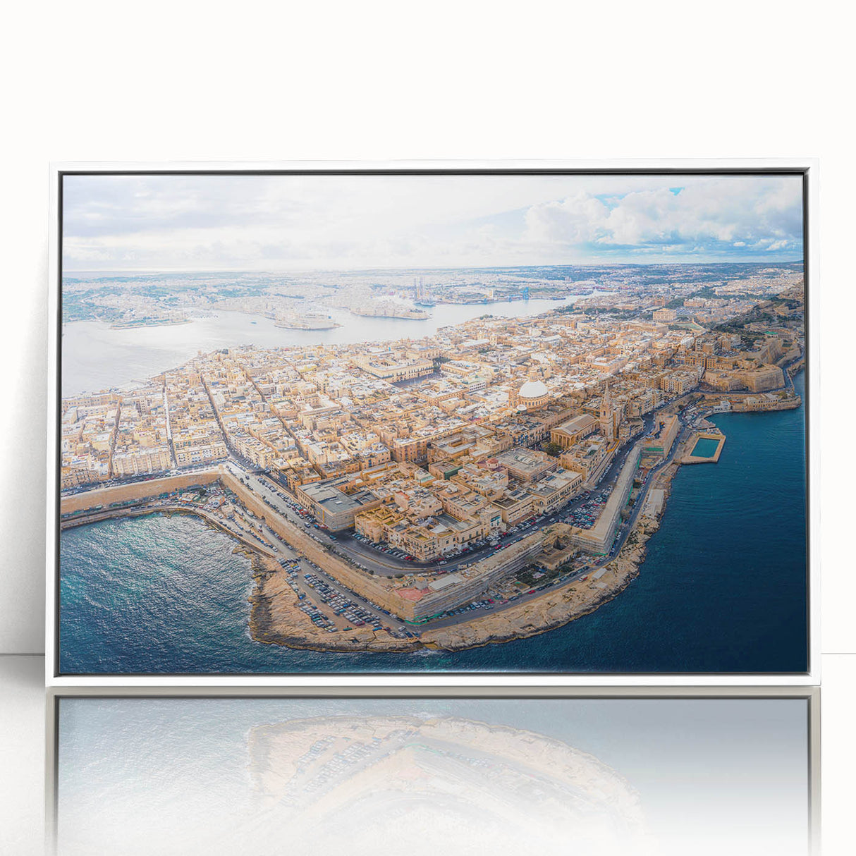 Mid-century modernist art depicting a European Malta scenery in muted blue and white tones on a framed acrylic print.