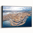 Black and white wall art featuring a vintage poster-style landscape of Malta on a framed canvas, suitable for bedroom decor.