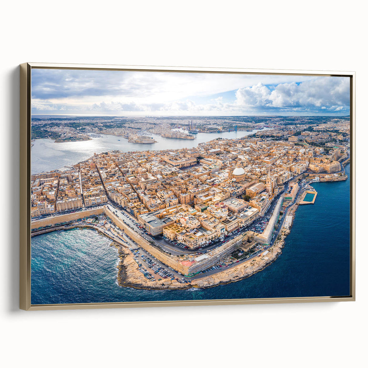 Framed canvas of a vintage-style Malta landscape in muted gold and black tones, ideal for bedroom wall decor.