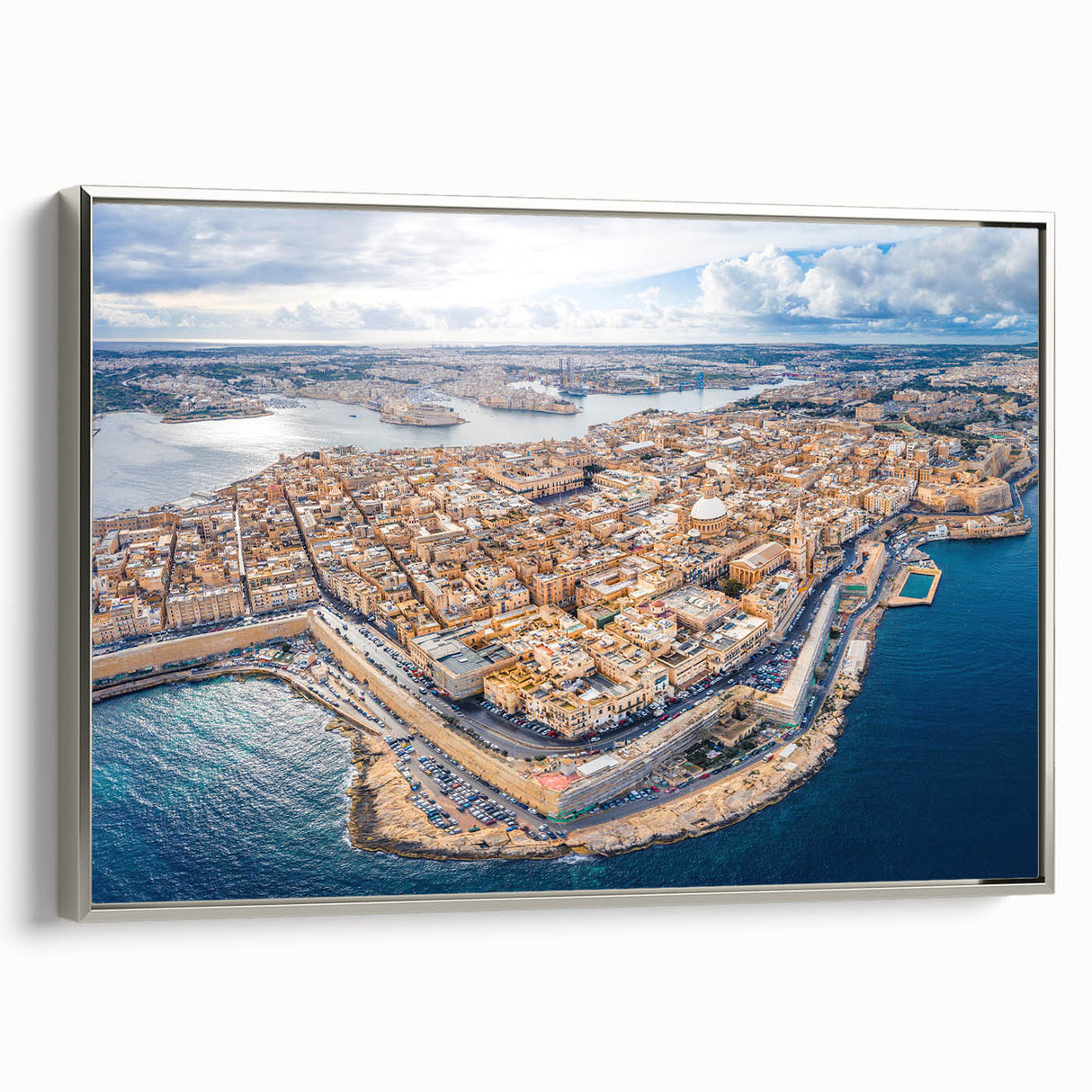 Framed canvas of a vintage-style Malta landscape painting with vibrant colors, ideal for living room decor.