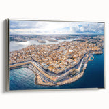 Framed canvas of a vintage-style Malta landscape painting with vibrant colors, ideal for living room decor.