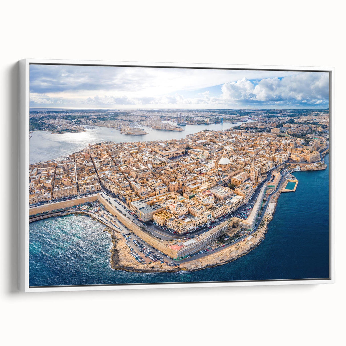 Vintage poster art of a Malta scenery in vibrant colors on a large framed canvas, ideal for living room decor.