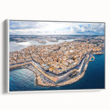 Vintage poster art of a Malta scenery in vibrant colors on a large framed canvas, ideal for living room decor.
