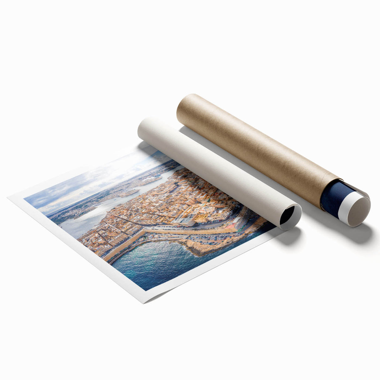 Rolled print of a Malta landscape with vibrant green and blue tones, ideal for classy bathroom wall art.