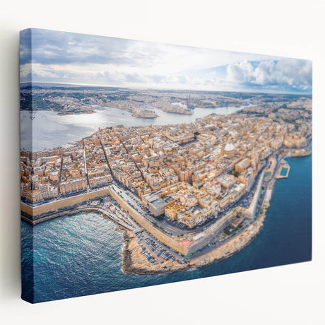 Large art print of a European Malta scenery on stretched canvas, featuring muted earth tones, ideal for kitchen wall art.