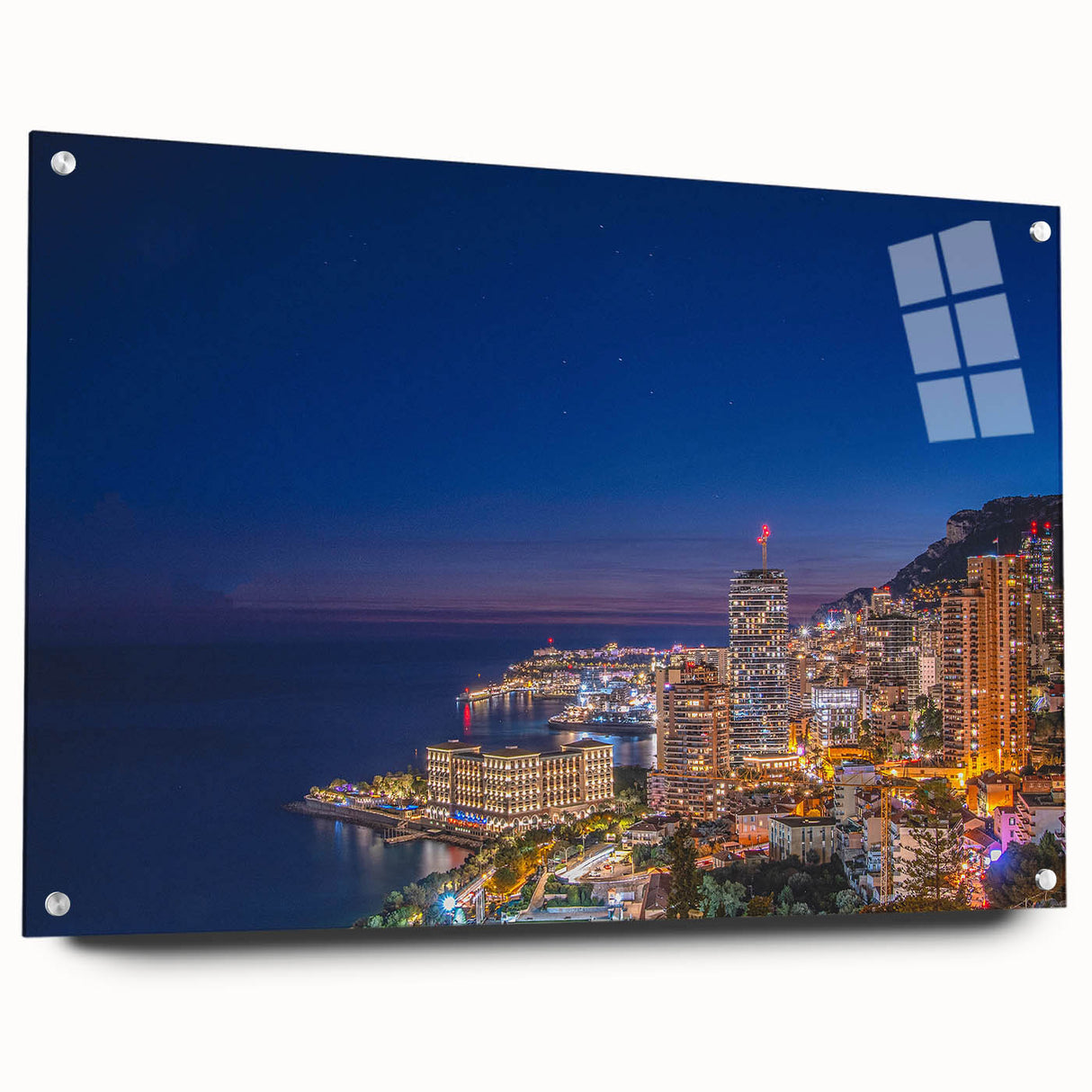 Large abstract depiction of Monaco scenery on acrylic glass, featuring vivid blue and white hues.