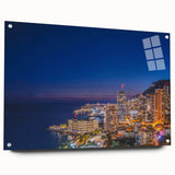 Large abstract depiction of Monaco scenery on acrylic glass, featuring vivid blue and white hues.