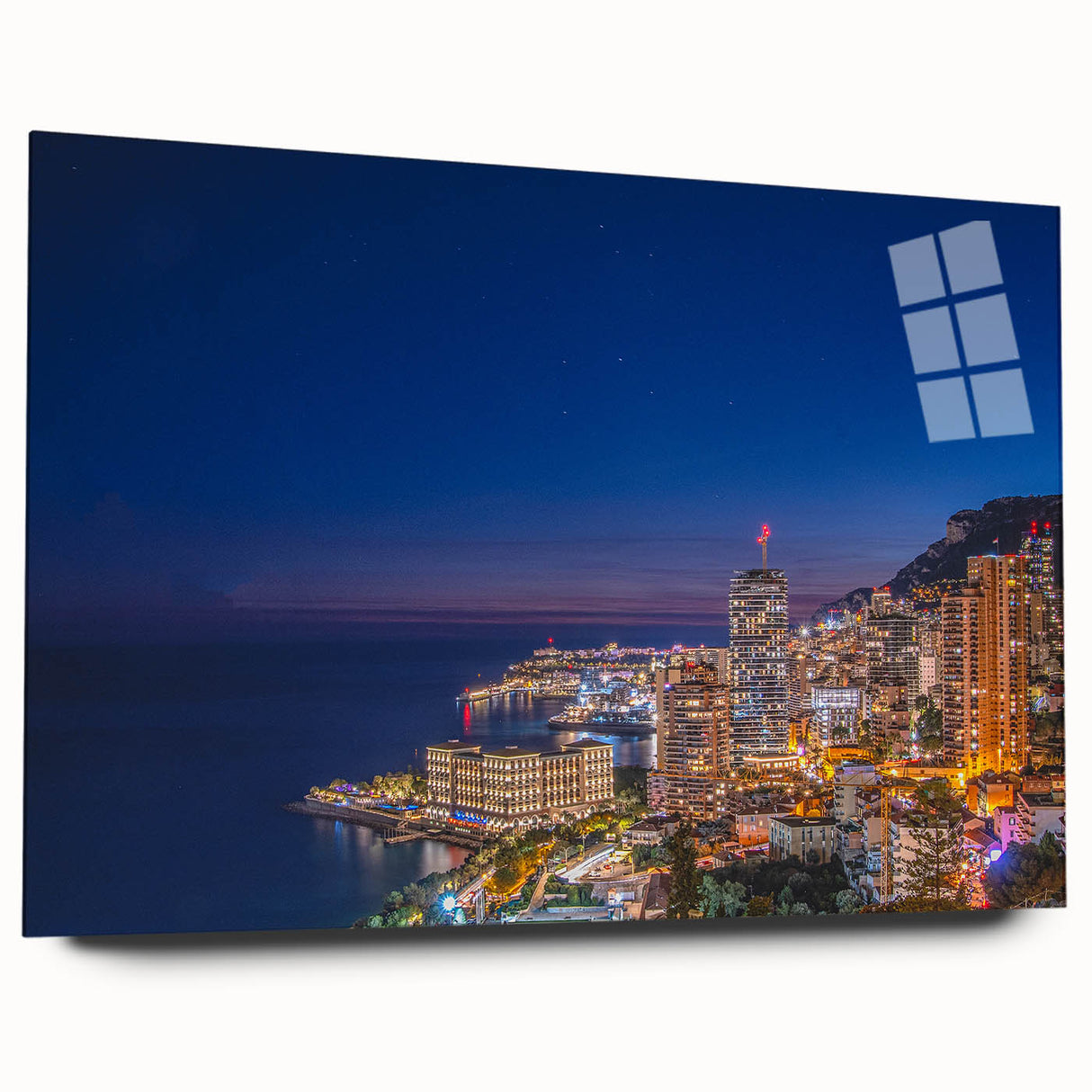 Large abstract acrylic print of a European Monaco scenery in muted blue and gray tones, ideal for bedroom or dining room art.