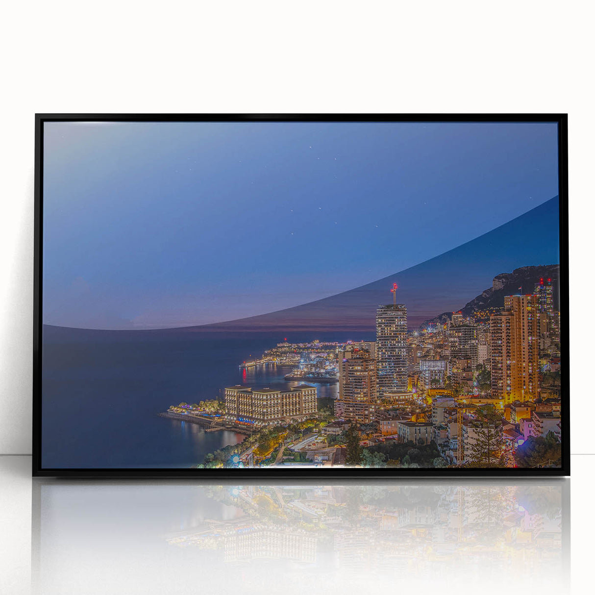 Large abstract wall art of Monaco scenery in muted earth tones on a framed acrylic, suitable for modern living room decor.