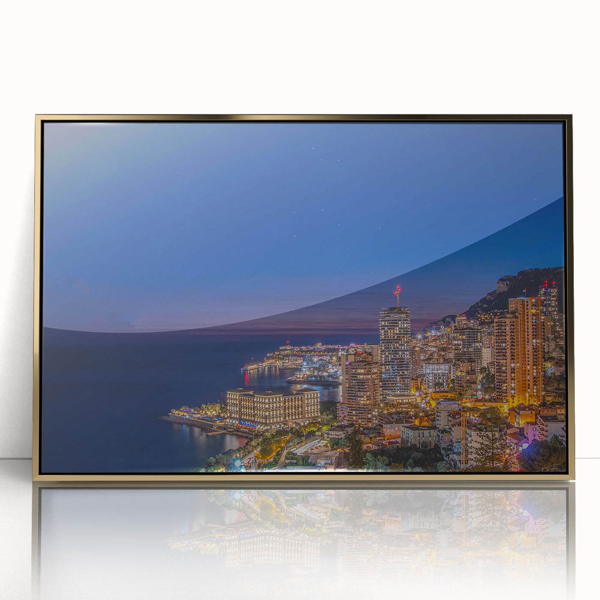 Art deco poster of Monaco scenery in gold frame, acrylic print, ideal for modern art wall decor.