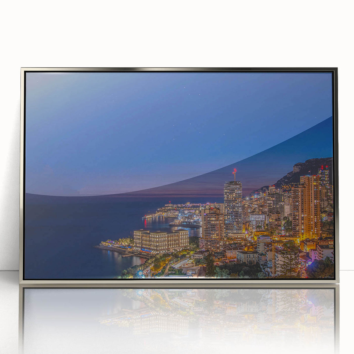 Large art print of a Monaco scenery in mid-century modernist style, with muted blue and silver tones on framed acrylic.