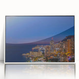 Mid-century modernist art depicting Monaco scenery in muted pastel shades on a framed acrylic.