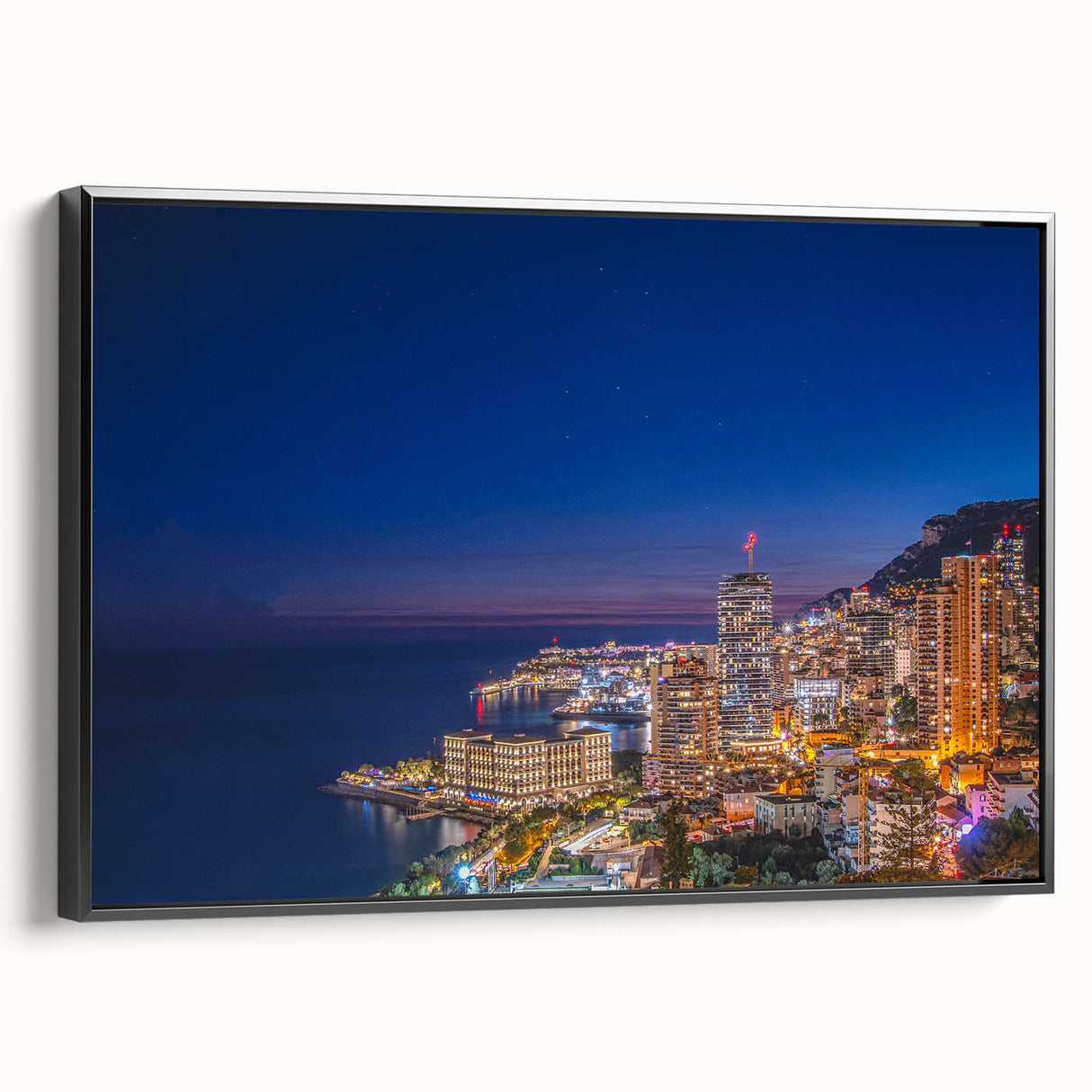 Black and white framed canvas of a vintage Monaco landscape, ideal for bedroom wall art.
