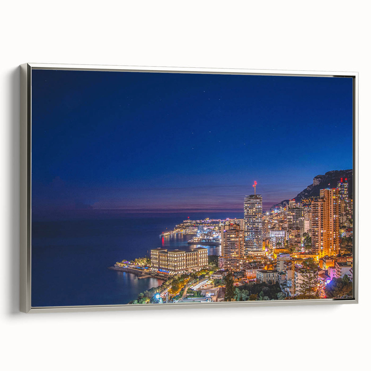 Landscape art painting of Monaco with colorful buildings and ocean, in a silver-framed canvas, ideal for living room decor.