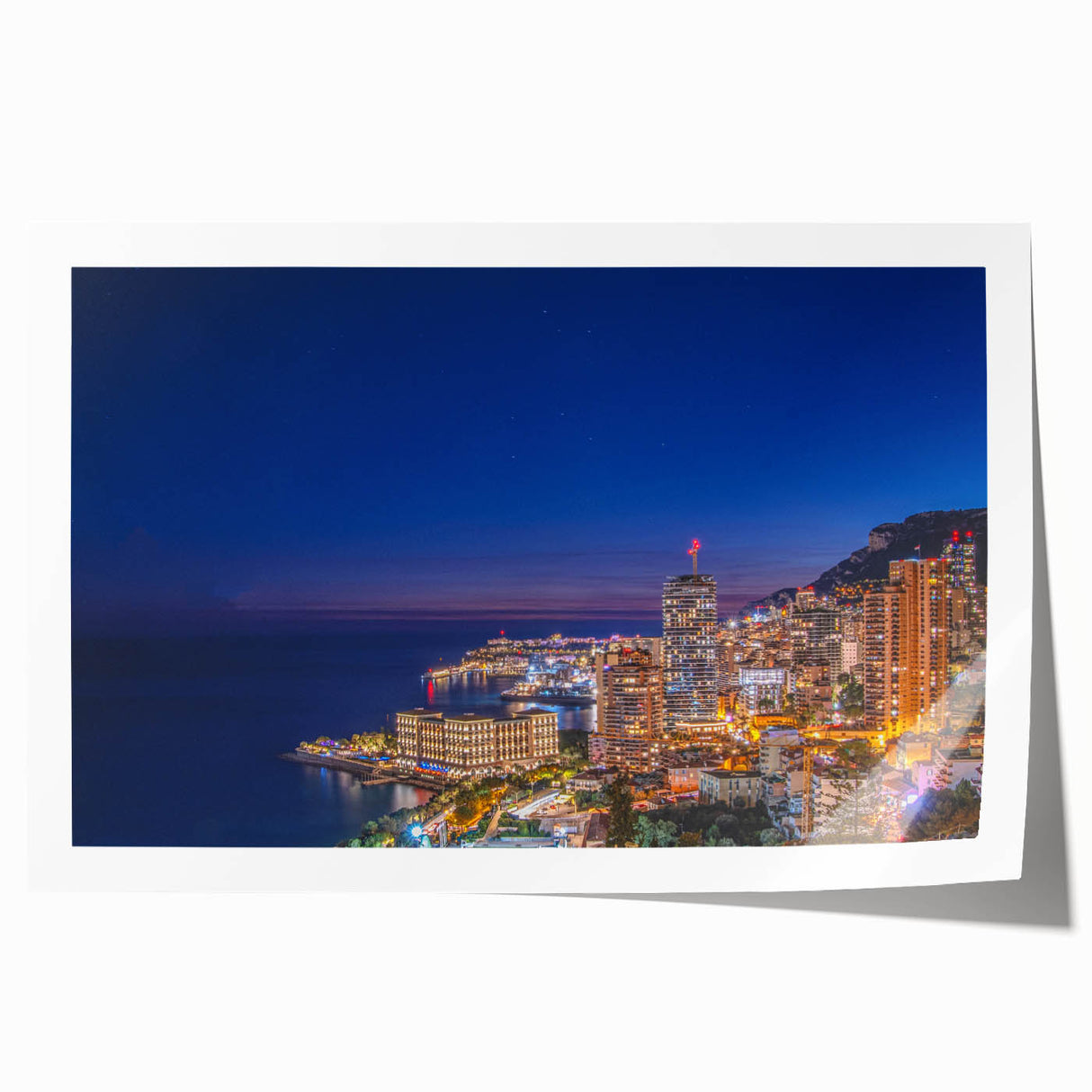 Extra large rolled print depicting a scenic view of Monaco with vibrant floral elements, ideal for art wall dining room.