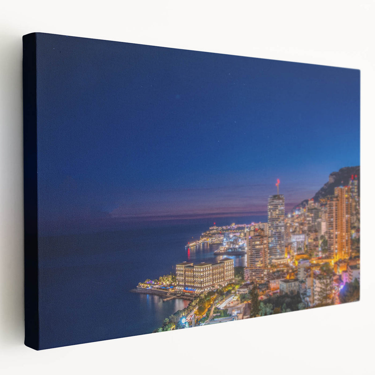Large art depicting a scenic view of Monaco on a stretched canvas, featuring muted pastel shades, ideal for kitchen wall art.