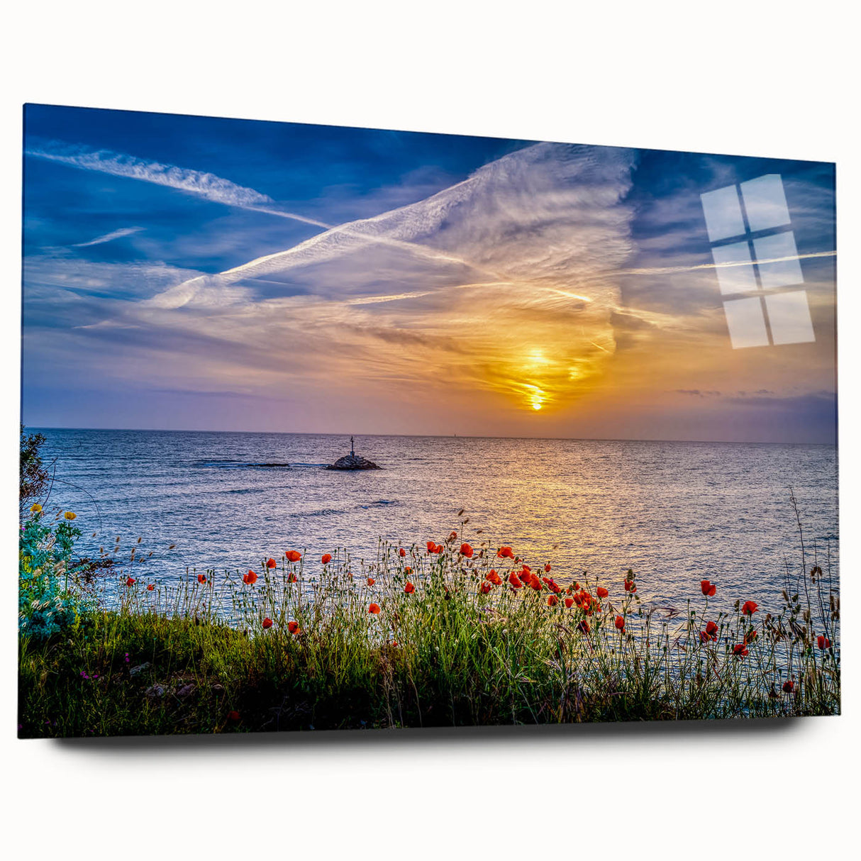 Large abstract wall art of a Montenegro scenery in muted blues and greens on acrylic glass.