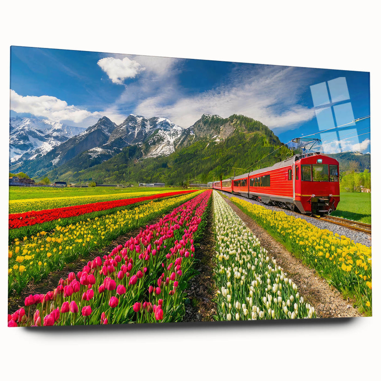 Large abstract wall art of a European scenery in muted earth tones, printed on acrylic glass.