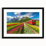 Extra large abstract art print depicting vibrant, colorful European scenery on a textured canvas, framed in black.