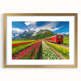 Abstract art print of a European scenery in muted earth tones on a framed canvas, ideal for dining room decor.