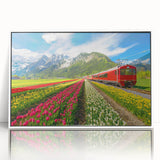 Mid-century modernist art depicting a scenic European landscape on a white-framed acrylic print.