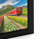 Extra large framed canvas featuring a textured depiction of a European scenery with vivid colors on a black background.
