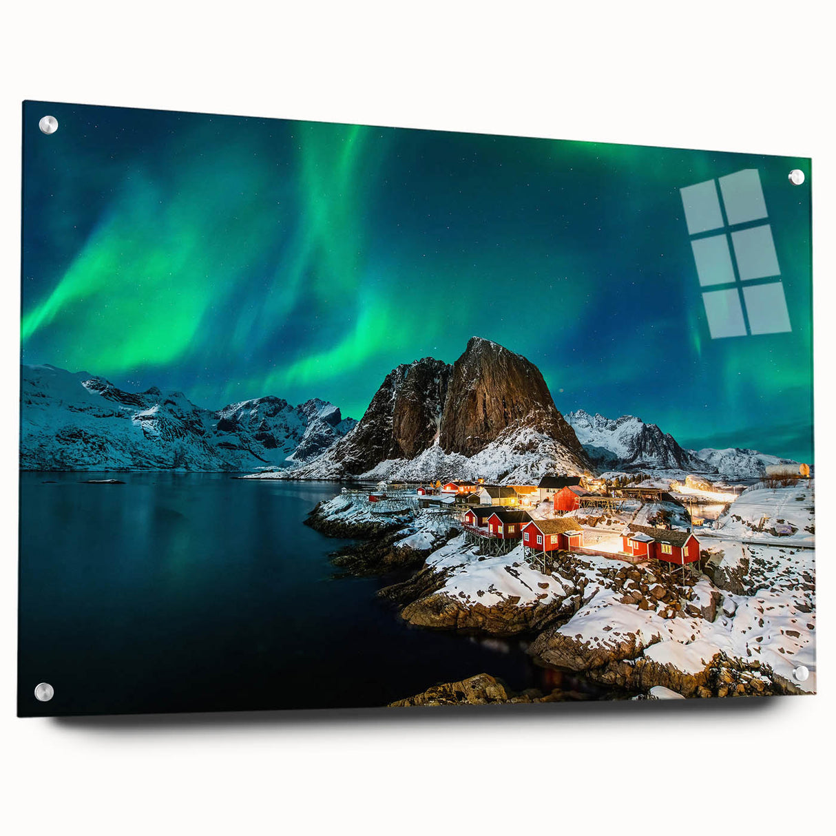 Acrylic print of a serene Norwegian landscape, featuring muted green and blue tones, ideal for bedroom or dining room decor.
