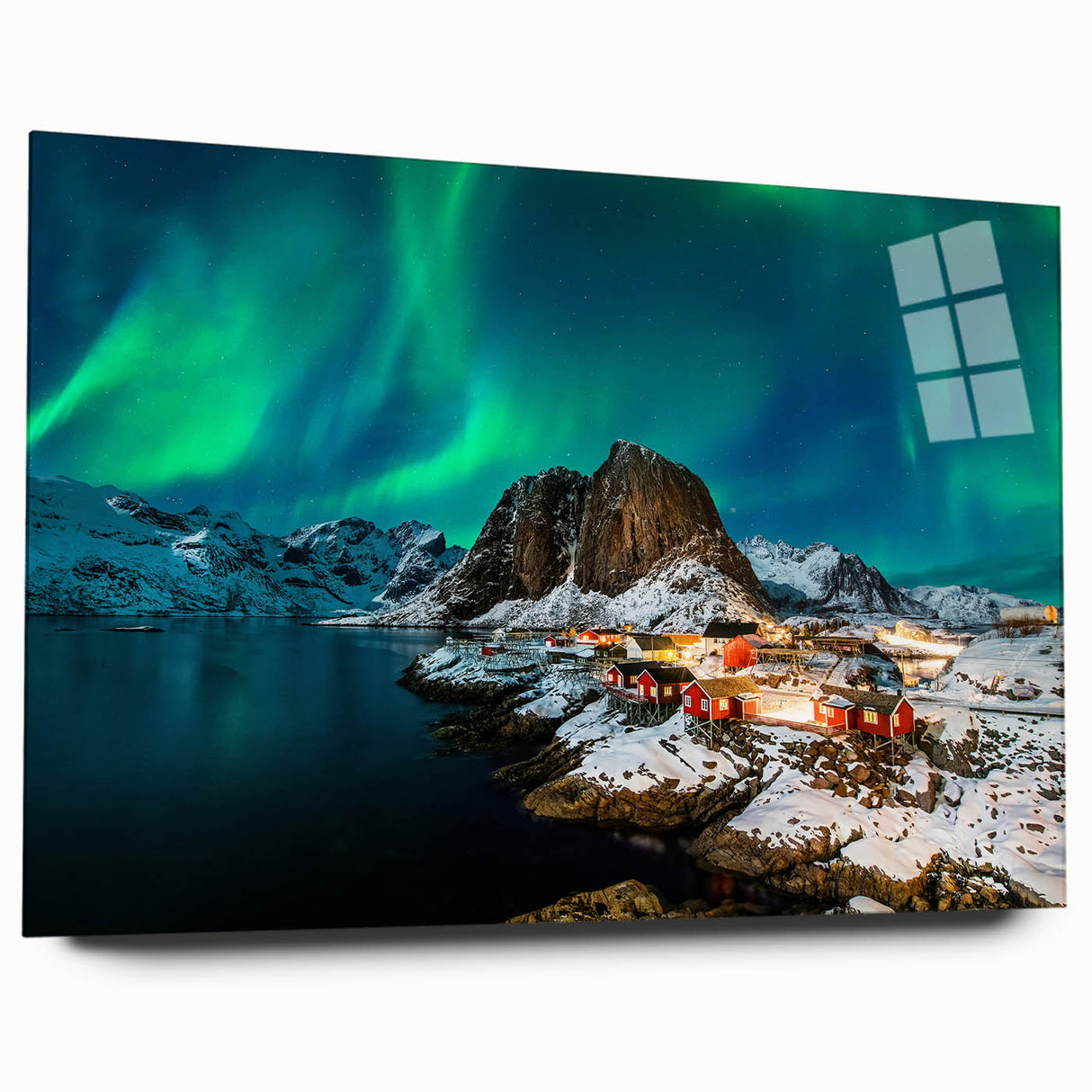 Large abstract depiction of a Norwegian landscape in muted blue and green tones on acrylic glass.