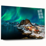 Large abstract depiction of a Norwegian landscape in muted blue and green tones on acrylic glass.