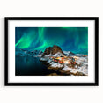 Extra large abstract art print featuring colorful, textured scenery of Norway, in a black frame with mat.