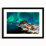 Extra large abstract art print featuring colorful, textured scenery of Norway, in a black frame with mat.